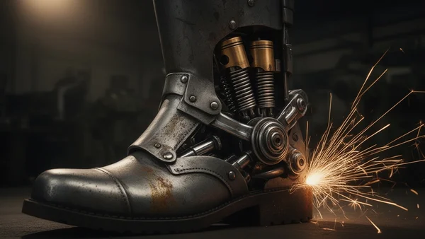 Gros plan technique sur une botte métallique avec piston et minis-moteur à explosion visible, mécanisme articulé à ressorts, détails industriels, éclats d'étincelles, fond d'atelier d'usine sombre avec lumière rasante