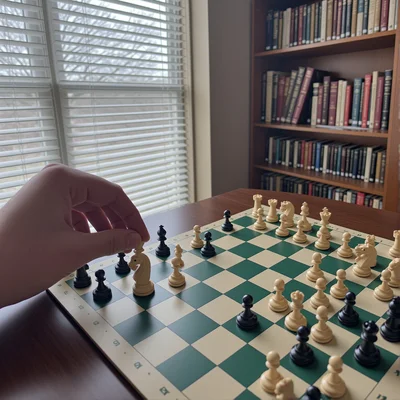 Premier plan de deux mains en train de déplacer un cavalier sur un échiquier en bois, lumière naturelle venant d'une fenêtre, fond flou d'une bibliothèque remplie de livres
