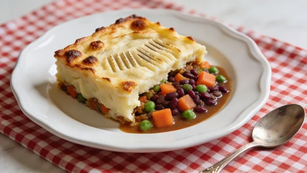 Assiette blanche avec une part généreuse de hachis parmentier végétarien, purée de pommes de terre dorée sur le dessus avec des traces de fourchette, légumes colorés en dessous, cuillère posée à côté, nappe à carreaux rouge et blanc