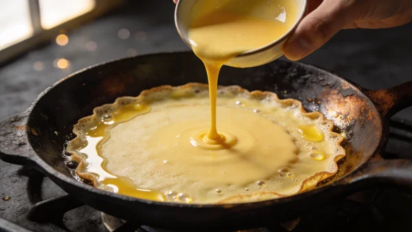 Gros plan sur une main versant de la pâte à crêpes lisse et jaunâtre dans une poêle beurrée bien chaude, la pâte s'étale uniformément pour former un disque fin