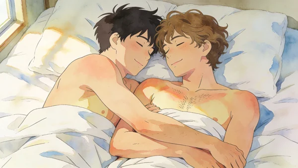 Couple d'hommes allongés côte à côte sur des draps blancs, se caressant mutuellement, peau contre peau, lumière naturelle tamisée venant d'une fenêtre, positions corporelles détendues et intimes