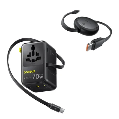 White Baseus 70W 6-in-1 Universal Travel Adapter with retractable cable on a pink background