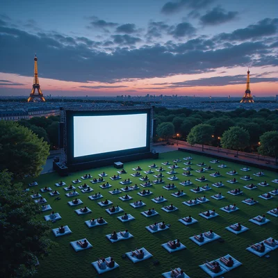 Vue en plongée d'une pelouse verte dense à la nuit tombée, occupée par une foule assise sur des coussins et des transats. Face à la foule, un grand écran blanc brillant dévoile une scène de film avec des teintes bleutées. À l'arrière-plan, la silhouette sombre de bâtiments industriels et la tour Eiffel éclairée au loin.