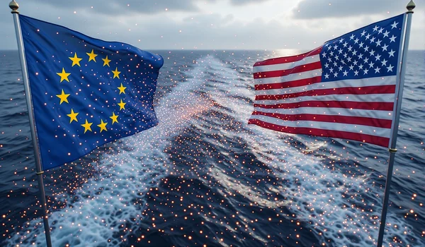 Conflit visuel entre deux souverainetés numériques : d'un côté le drapeau européen avec le sigle RGPD, de l'autre le Cloud Act américain, reliés par des flux de données traversant l'océan Atlantique