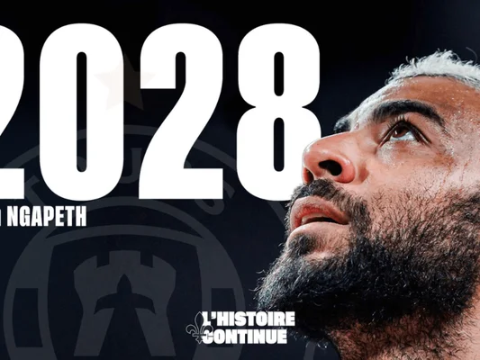 Graphique avec le texte "L'HISTOIRE CONTINUE" annonçant le retour d'Earvin Ngapeth à Tours.