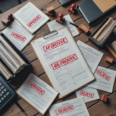 Vue en plongée d'un bureau en désordre avec des dossiers administratifs ouverts et des tampons 'APPROUVÉ' et 'REJETÉ' éparpillés sur une table en bois