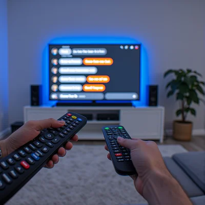 Gros plan sur une main qui sélectionne un bouton interactif sur une télécommande, l'écran de télévision en arrière-plan affiche une interface de discussion avec des bulles de texte lumineuses, lumière bleue tamisée dans un salon