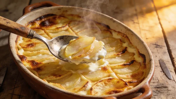 Plat de gratin dauphinois doré et crémeux sortant du four, surface avec croisillons dorés, vu en plongée avec une cuillère en train de servir une portion, vapeur s'échappant, lumière chaleureuse de fin d'après-midi