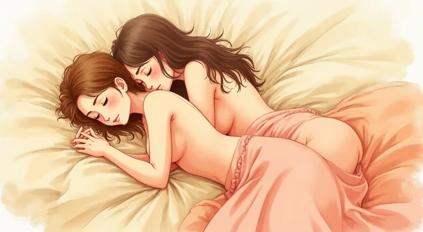 Position latérale gauche pour pénétration anale, deux corps allongés sur le flanc gauche, la personne pénétrée devant contrôlant le mouvement, peau nue, draps froissés, éclairage chaud et intime, angle montrant le confort et la décontraction de la posture