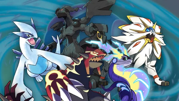 Illustration de légendaires Pokémon comme Lugia et Kyogre sur fond tourbillonnant bleu.