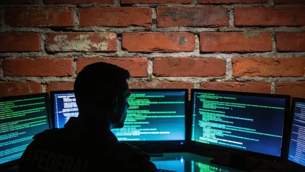 Gros plan sur un mur de briques rouges typiquement américaines en arrière-plan, avec au premier plan une silhouette floue d'agent fédéral américain travaillant sur un écran d'ordinateur dans une pièce sombre éclairée par la lueur bleutée de plusieurs moni