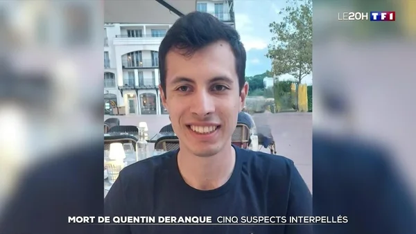 Une image du journal de 20h de TF1 montrant Quentin Deranque et mentionnant l'interpellation de cinq suspects.