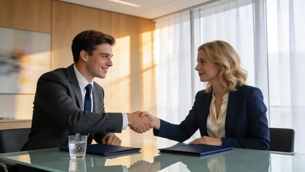 Poignée de main ferme et professionnelle entre un jeune candidat en costume et une recruteuse de part et d'autre d'une table de réunion en verre, dossiers et verre d'eau posés sur la table, intérieur de bureau moderne et lumineux en arrière-plan, ambiance de conclusion d'entretien réussi