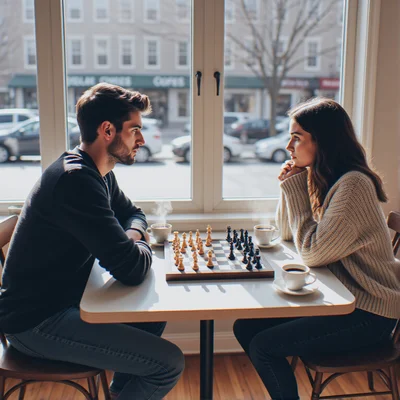 Un homme et une femme sont assis face à face dans un café lumineux, ils se regardent intensément au-dessus d'un échiquier entre deux tasses de café, atmosphère tendue et romantique