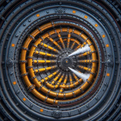 Vue en coupe technique d'un système de propulsion de vaisseau spatial avec des canalisations de gaz hélium présentant des zones de fuite soulignées, ambiance d'ingénierie spatiale avec éclairage froid