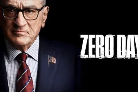 Promotional poster for the Netflix series Zero Day featuring a politician in a dark suit with an American flag pin.