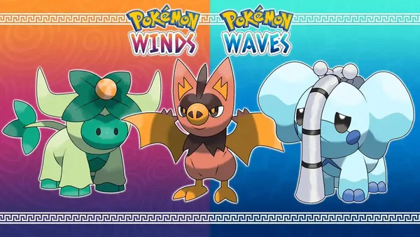 Les trois starters de la 10ème génération avec les titres Pokémon WINDS et Pokémon WAVES.
