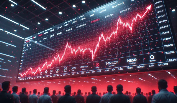 Graphique boursier en chute libre sur écran géant, avec les logos des GAFAM qui s'effondrent et s'effritent en fragments numériques, le tout éclairé par une lumière rouge d'alerte, salle de trading en arrière-plan avec des traders en panique