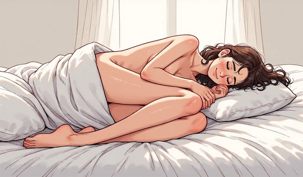 Personne nue allongée sur le côté sur des draps clairs, une main atteignant discrètement la zone anale, posture détendue et intime, expression de plaisir serein