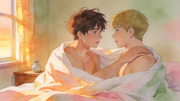 Deux hommes jeunes face à face dans une chambre éclairée par la lumière douce du matin, se regardant avec tendresse et hésitation, l'un posant délicatement sa main sur l'épaule de l'autre, atmosphère intime et émotionnelle