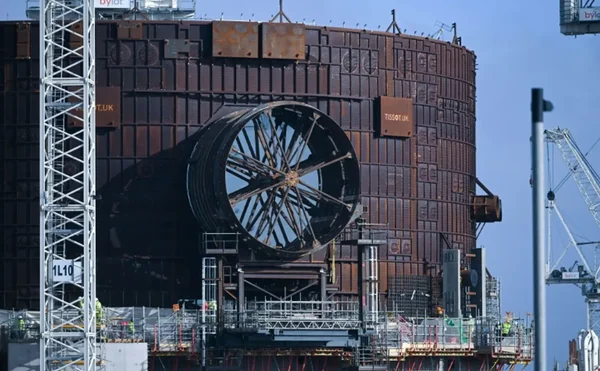Le chantier de construction des réacteurs nucléaires de la centrale à Hinkley Point C, à Bridgwater (Angleterre), le 7 avril