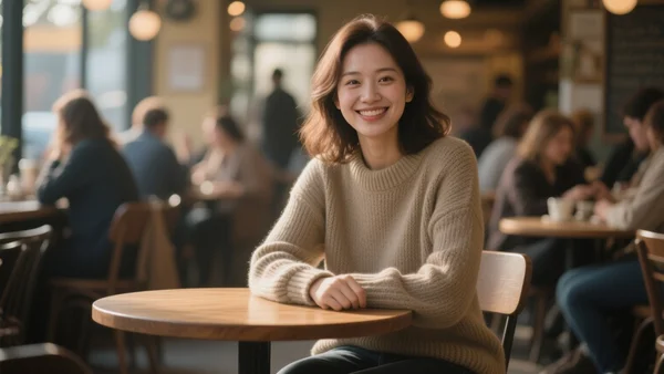 Femme souriante dans un café, regardant vers l'objectif avec assurance, lumière naturelle, ambiance détendue et authentique