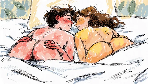 Homme et femme allongés côte à côte sur un lit blanc, se masturbant mutuellement en se regardant intensément dans les yeux