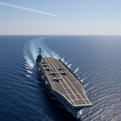 Vue aérienne d'un porte-avions français naviguant en mer Méditerranée par temps clair, avec des avions de combat Rafale sur le pont d'envol, traînées blanches à l'horizon