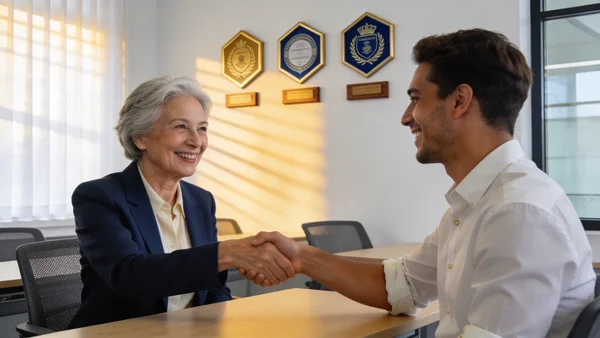 Personne âgée souriante secouant la main d'un jeune adulte dans un contexte de formation professionnelle, certificateur en arrière-plan avec des logos de certifications reconnues. Lumière chaleureuse de salle de classe moderne.