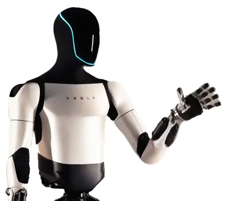 Représentation graphique du robot Tesla Optimus avec main mécanique levée
