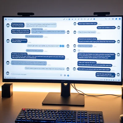 Écran d'ordinateur affichant plusieurs interfaces de chatbots d'IA côte à côte, avec des fenêtres de conversation actives montrant différents modèles en action, lumière de bureau moderne