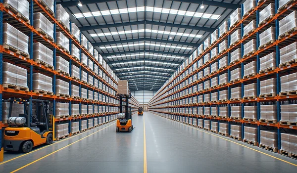 Entrepôt logistique immense rempli de rangées de palettes de marchandises empilées très haut avec des chariots élévateurs en mouvement