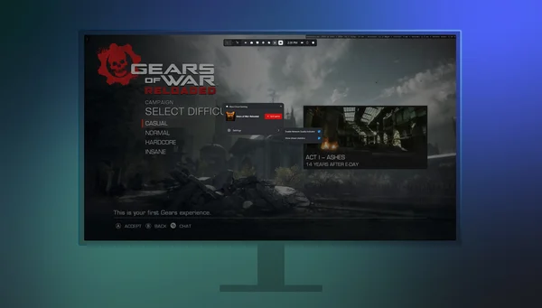Menu de sélection de difficulté de campagne pour le jeu Gears of War: Reloaded.