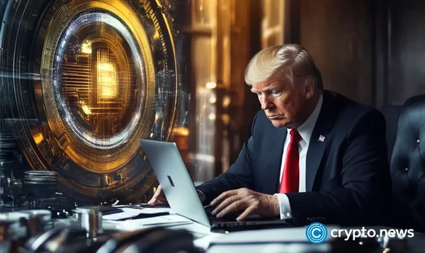 Donald Trump assis à un bureau avec un appareil futuriste en arrière-plan.