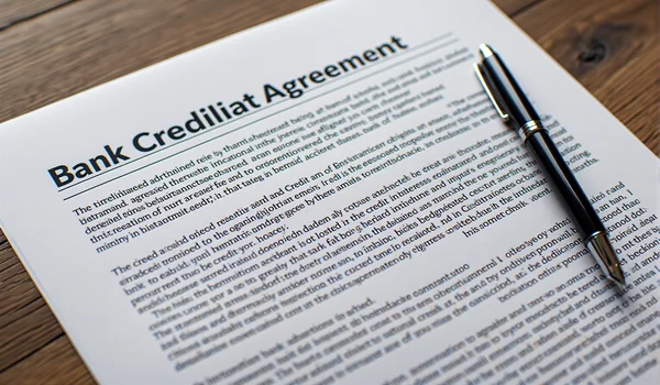 Gros plan sur un contrat de crédit bancaire posé sur une table en bois sombre, un stylo bille à côté, flou artistique en arrière-plan