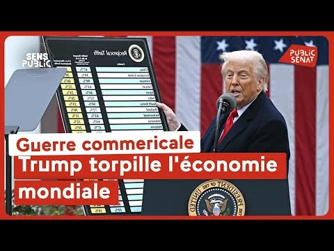 Graphique d'actualité de Trump au pupitre avec le sceau présidentiel et un titre sur la guerre commerciale.