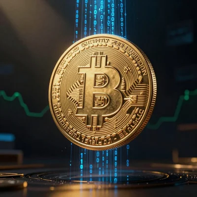 Pièce Bitcoin dorée géante flottant au-dessus d'un paysage numérique abstrait avec des lignes de code binaires bleues descendant comme une cascade de données, éclairage dramatique avec reflets dorés sur la pièce, symbole ₿ bien visible au centre, arrière-