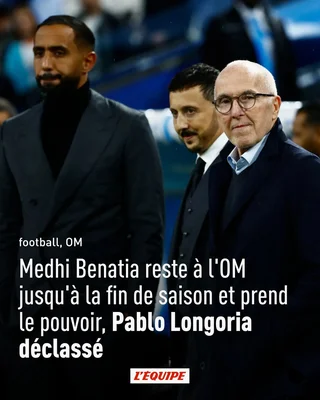 Image d'actualité de L'Équipe montrant trois hommes en costume dans le cadre de l'affaire OM.