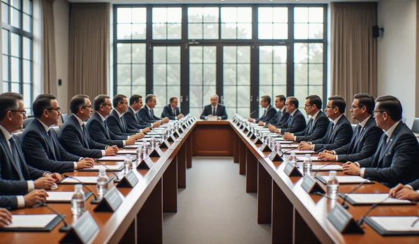 Une grande salle de conférence lumineuse remplie de diplomates en costumes formels discutant autour d'une table lors d'un sommet européen
