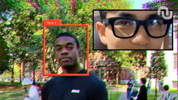 Personne encadrée par un marquage 'face 1' avec incrustation d'une vue depuis des lunettes connectées.