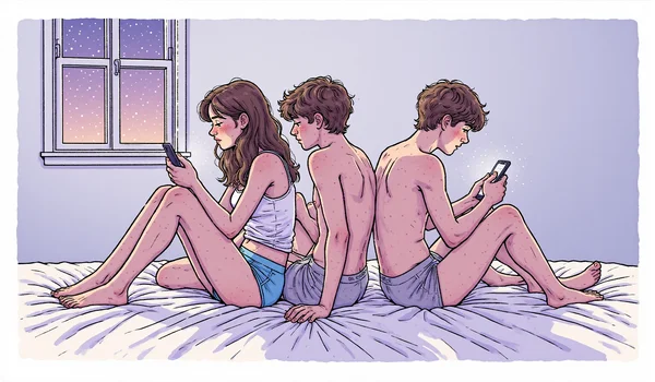 Jeune couple de la génération Z assis côte à côte sur un lit défait, regardant tous les deux leur smartphone respectif, lumière douce du crépuscule filtrant par une fenêtre, atmosphère de déconnexion malgré la proximité physique, chambre minimaliste aux tons neutres