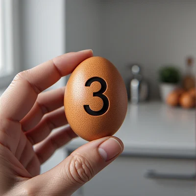 Gros plan sur une main humaine tenant un œuf brun, mettant en évidence un chiffre '3' estampillé en noir sur la coquille, fond de cuisine flou et lumineux