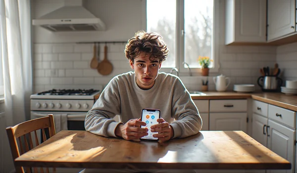 Jeune adulte assis à une table de cuisine, regardant son téléphone portable avec un bandeau de notification affichant des logos d'aides sociales (CAF, France Travail, Sécurité Sociale), lumière naturelle matinale, expression de découverte et d'intérêt, intérieur français contemporant modeste