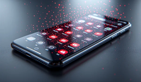 Smartphone Android posé sur une table, écran allumé montrant une interface bancaire frauduleuse superposée à une application de streaming TV, un code malveillant rouge s'infiltre visuellement dans l'appareil, éclairage dramatique sombre avec reflets sur l'écran