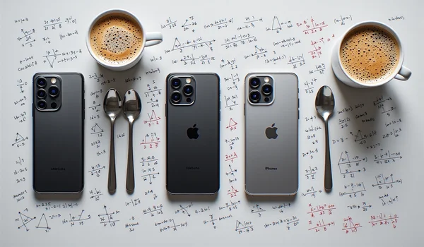 Split-screen comparant deux smartphones côte à côte, un Samsung Galaxy S26 Ultra noir avec son module caméra rectangulaire à gauche, un iPhone 17 Pro Max argenté avec ses capteurs carrés à droite, sur fond de tableau avec des notes et un cafe