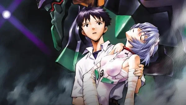 Shinji et Rei devant l'Eva-01, illustration liée au projet Evangelion de Yoko Taro