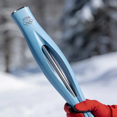 Close-up of the 2026 Milan Cortina Olympic torch