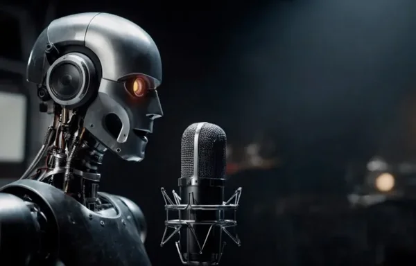 Robot métallique avec œil orange positionné devant un micro de studio sur fond sombre