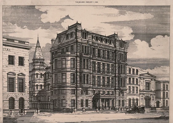 Façade de l'Hospital for Sick Children sur Great Ormond Street à Londres, gravure de 1890.