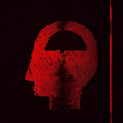 Œuvre graphique abstraite où un motif rouge d'empreinte digitale forme le profil d'une tête humaine.